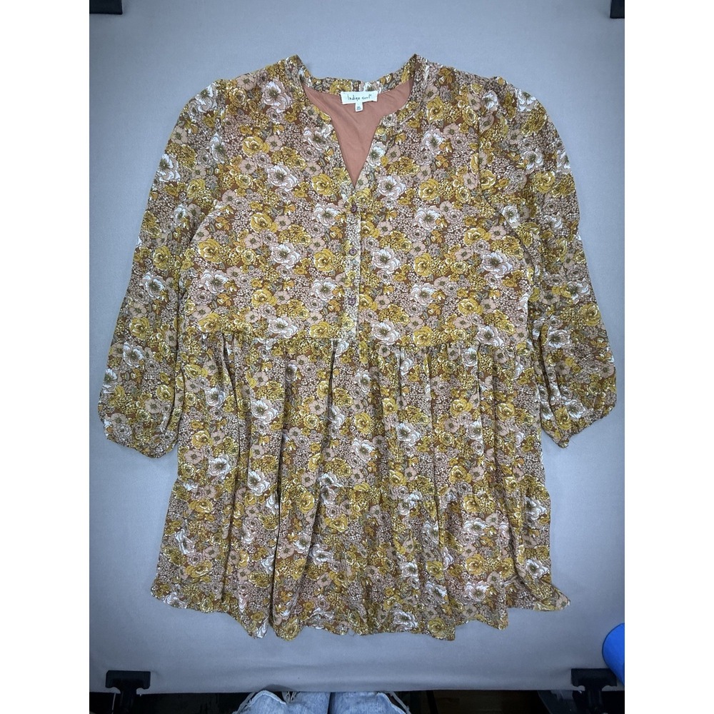 Indigo Soul Dress Women's 2XL Brown Yellow Floral Boho Short Babydoll Hippie - Picture 3 of 13